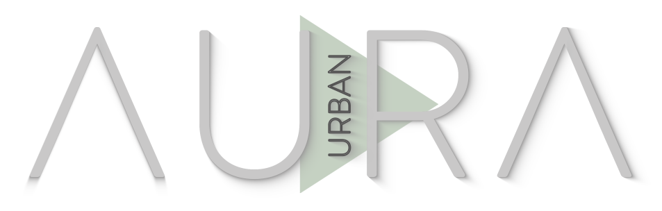 Text graphic with the word "AURA" in large gray letters, a green triangle behind the letter "R," and the word "URBAN" written vertically inside the triangle.