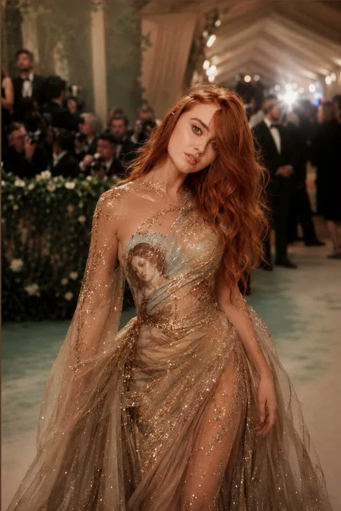 DANIELLE Laubscher from AURA Models with long red hair in a glamorous, sheer gold dress with a printed face on the front, at a formal event with guests in tuxedos and gowns in the background.
