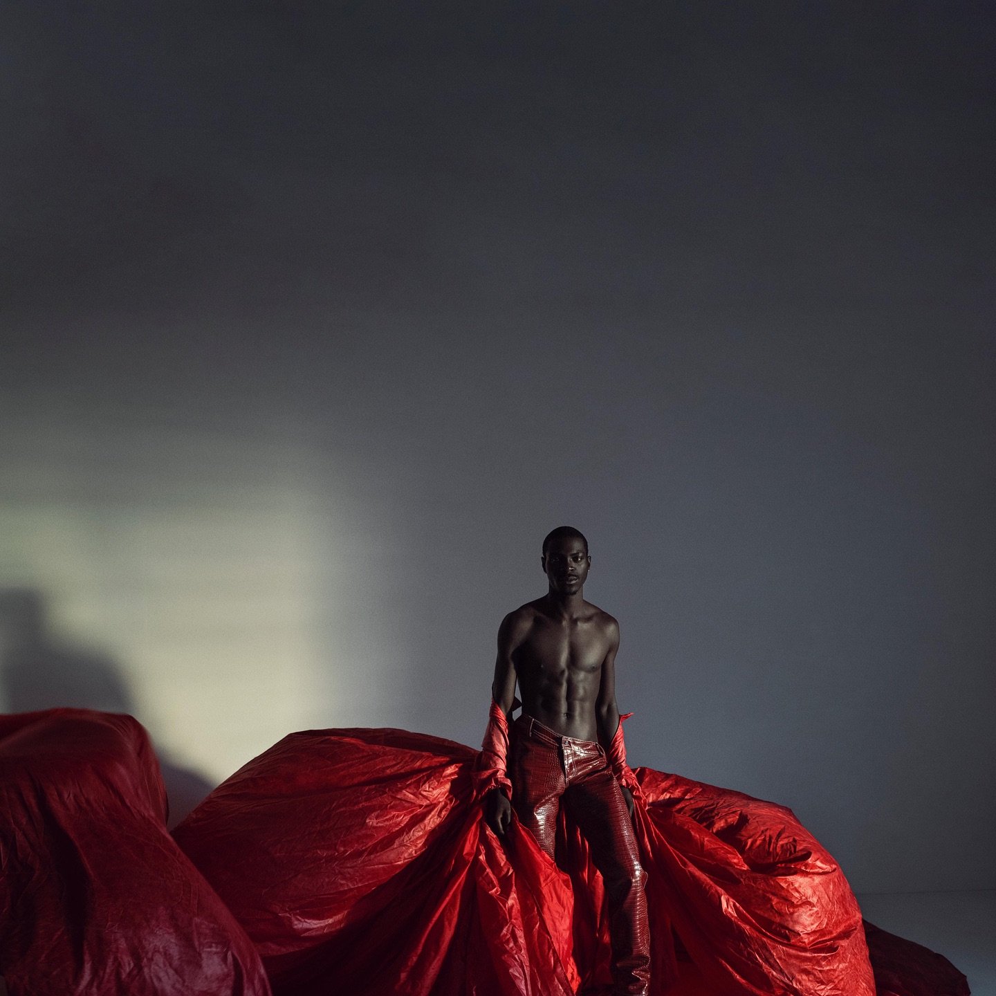 A shirtless man standing amidst red fabric in a dimly lit room with dark wall background.