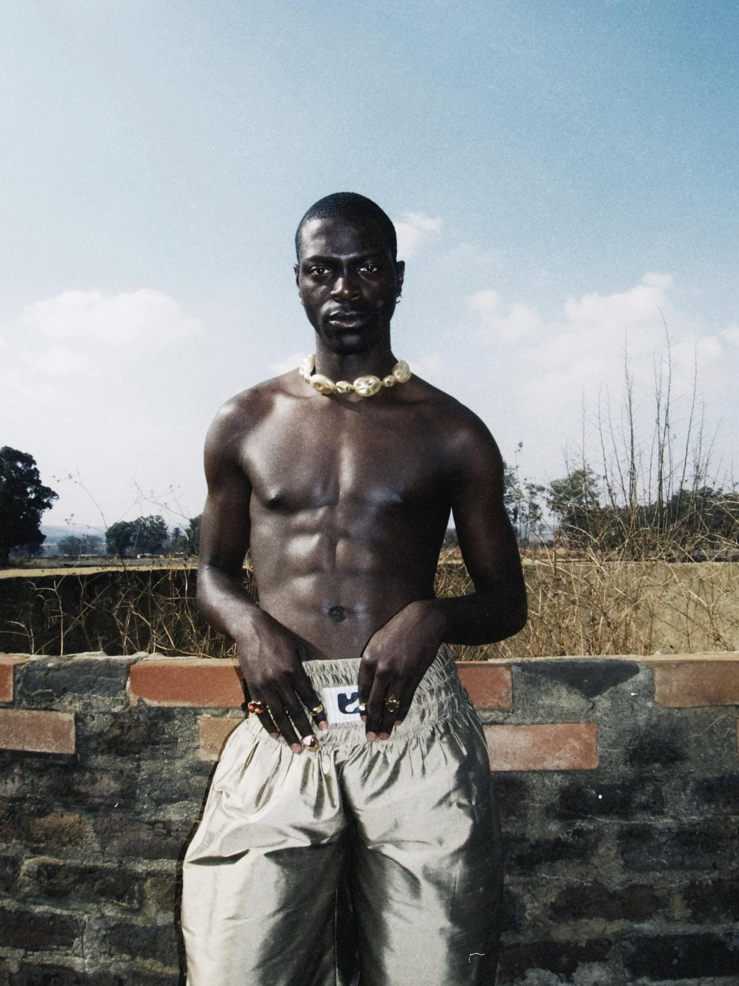 A shirtless man with dark skin standing outdoors, wearing khaki pants, multiple rings, a necklace, and a belt, with a brick wall behind him and a rural landscape with some trees and a cloudy sky in the background.
