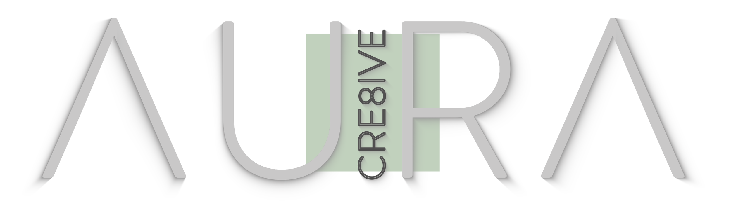 A logo with the word 'AURA' in large white letters with shadows, and the words 'CREATIVE' in vertical black letters inside a green square in the center.