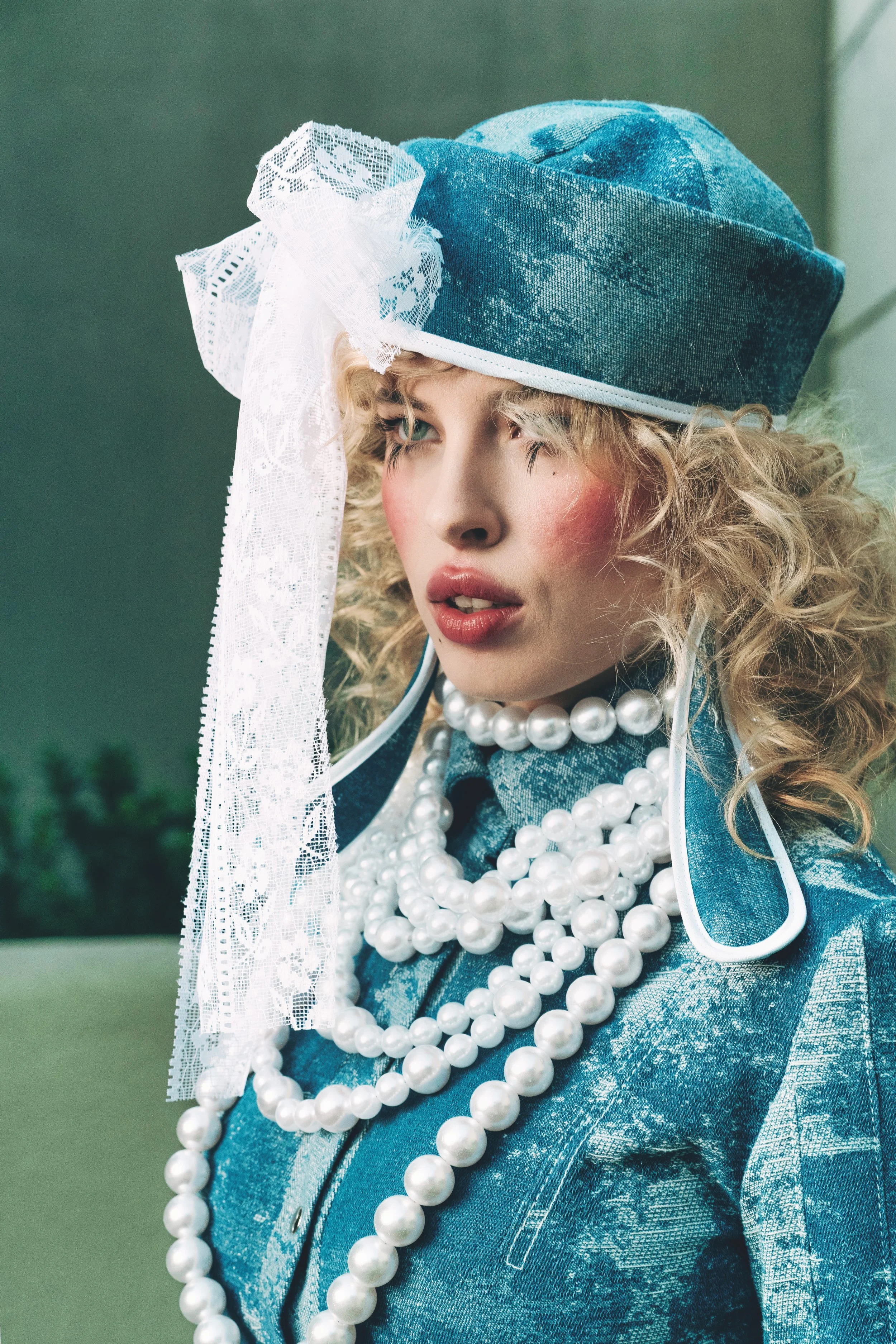 Close-up of GAIA Fernandez from AURA Models with blond curly hair wearing a blue denim jacket, multiple white pearl necklaces, and a matching blue hat with a lace bow, outdoors with a blurred green background.