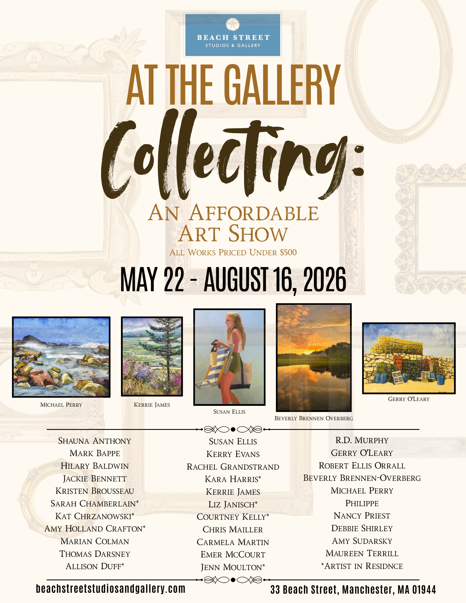 An art exhibition poster for 'At the Gallery: Collecting, An Affordable Art Show' at Beach Street Studios & Gallery in Manchester, MA from May 22 to August 16, 2026. The poster features images of various artworks by different artists, including Michael Perry, Kerrie James, Susan Ellis, Beverly Brennen Overberg, and Gerry O'Leary, with their names listed beneath their respective images.