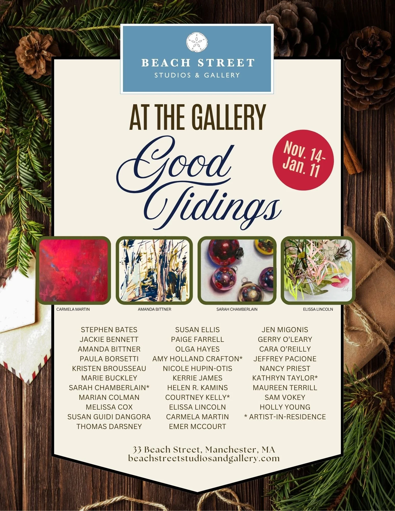 Invitation for 'Good Tidings' art exhibition at Beach Street Studios & Gallery, running from November 14 to January 11, featuring various artists, with the gallery's contact information at 33 Beach Street, Manchester, MA.
