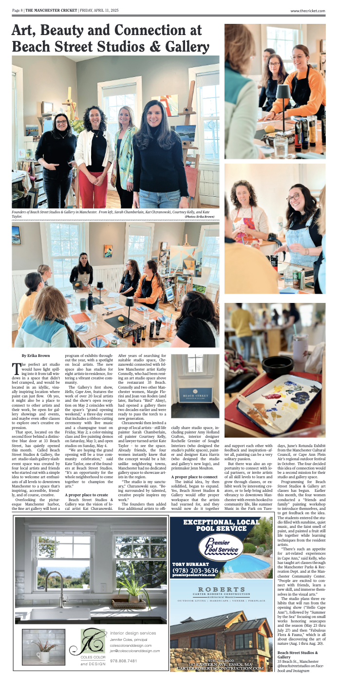 Group of women, including Sarah Chamberlain, Katarzyna Chrzanowski, Courtney Kelly, and Kate Taylor, posing in an art studio with paintings and art supplies. Several women are engaged in painting and discussing art projects, with a few seated at a table and others standing, in a well-lit room with large windows.