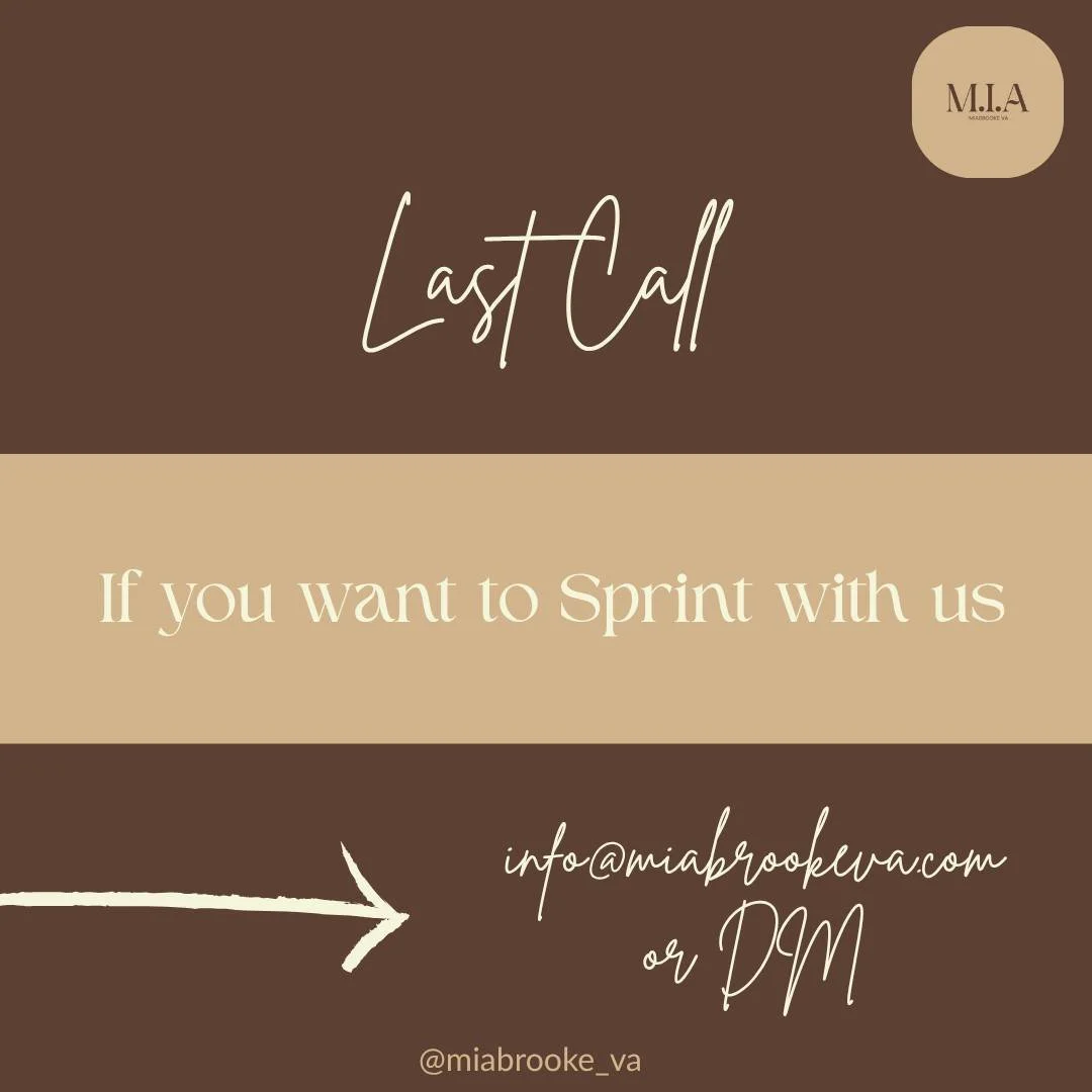 LAST CALL

If you want to Join the November 30 Day Social Media Sprint.

There are 2 spots left. 

Are you ready to make your Social Media a priority in your business or local community groups communications?

If so, email info@miabrookeva.com or DM 