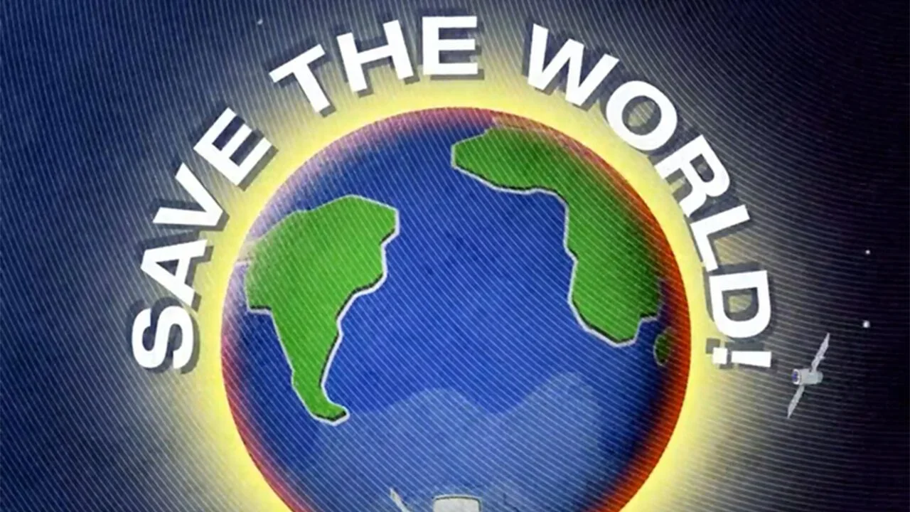 The Earth with continents outlined in green and a glowing yellow and red atmosphere, with the phrase 'SAVE THE WORLD!' written around it.
