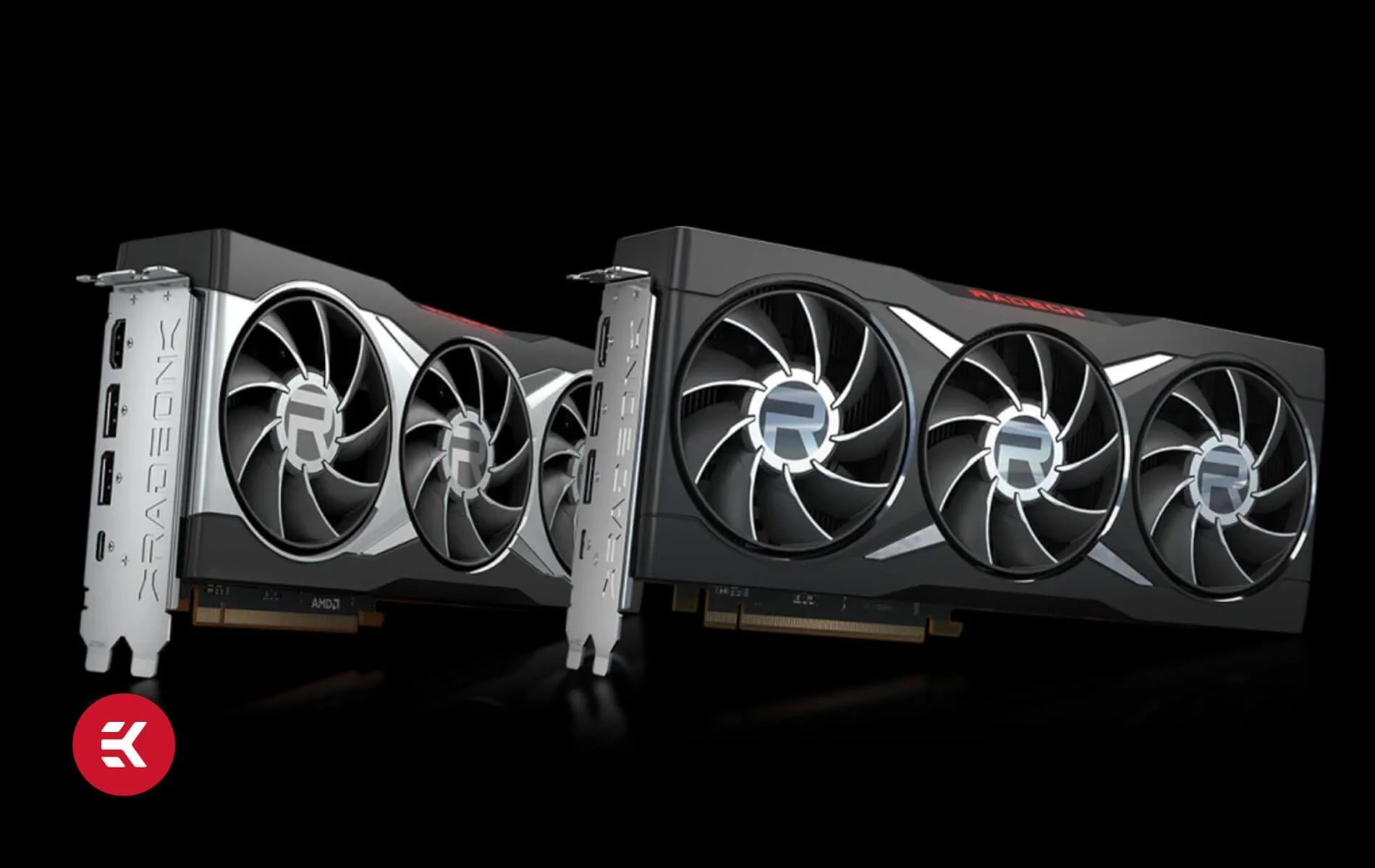 Two high-end NVIDIA graphics cards with triple fans, black and silver design, displayed against a black background.