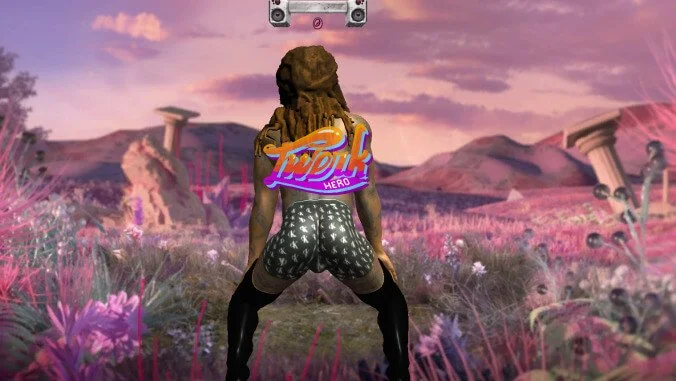 A person with dreadlocks facing away in a colorful fantasy landscape with pink flora and ancient ruins, wearing a pink and orange 'Lupin' sign on their back.