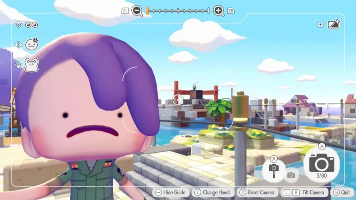 Screenshot from a video game showing a cartoon character with purple hair and a green shirt standing on a dock by water, with a cityscape and blue sky with clouds in the background.