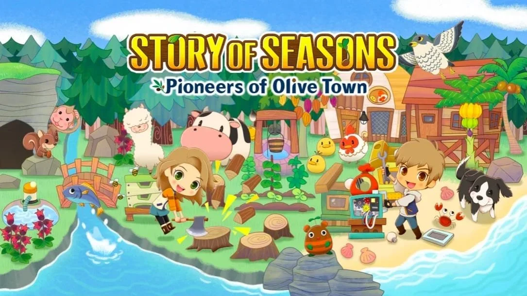 Colorful cartoon depiction of a rural village scene with animals, children, and nature elements, featuring a pond, trees, a house, and various farm animals, with the title 'Story of Seasons: Pioneers of Olive Town' at the top.