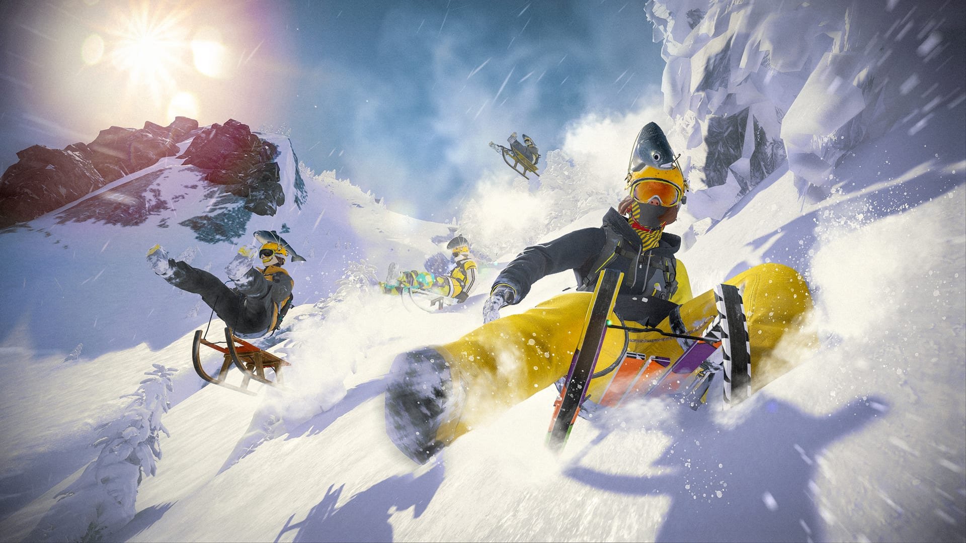 Several people snowmobiling on a snowy mountain slope during a snowstorm with snow-covered trees and rocky cliffs in the background.