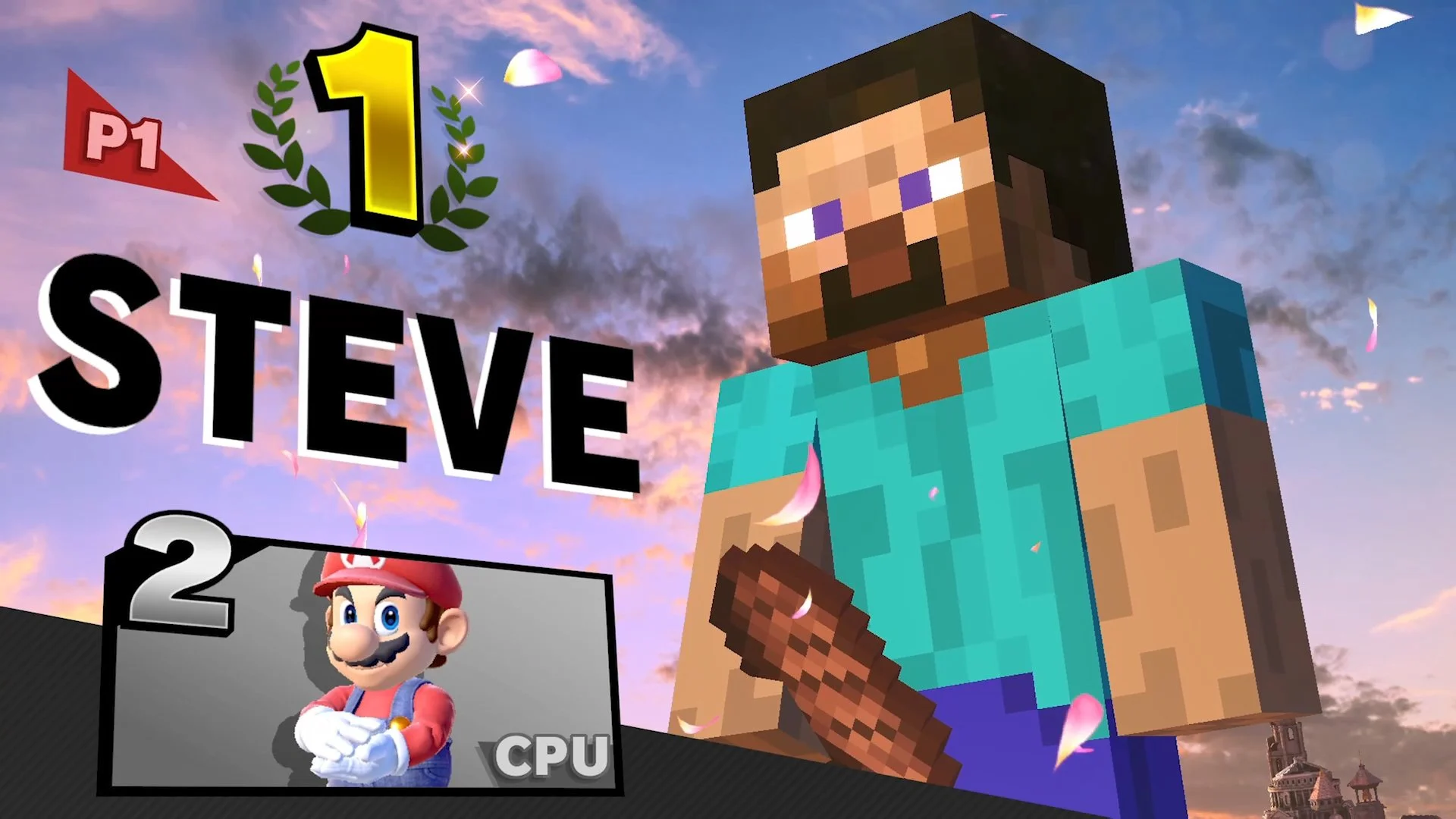 A video game graphic showing a pixelated character, Steve, from Minecraft holding a wooden sword, celebrating first place in a competition with a sunset sky, confetti, and a Mario character icon with the label CPU.