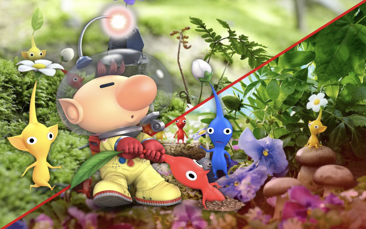 Animated characters in a garden scene with plants, flowers, and mushrooms. One character appears to be a small creature in a helmet, holding a leaf, with colorful, garden-dwelling creatures around it.