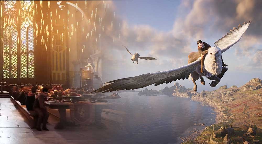 A scene blending a fantasy setting with a flying creature carrying a rider over a landscape, and a medieval-style banquet hall with people dining, intertwined in a surreal composition.