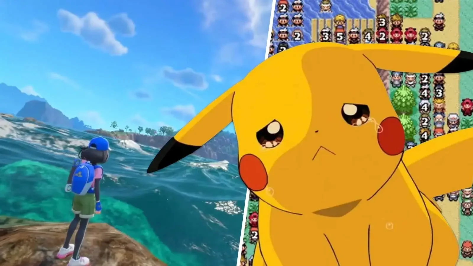 A split-screen image with a Pokémon Pokémon Pikachu, looking sad, on the right, and a young girl with a backpack sightseeing near the ocean on the left.