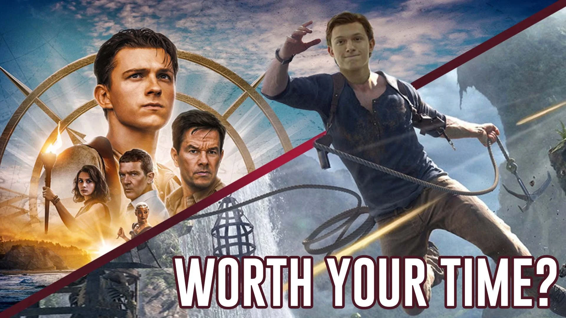 A collage of movie scenes with the text "WORTH YOUR TIME?" at the bottom, featuring characters from adventure movies and a person with a harness and whip in an action scene.