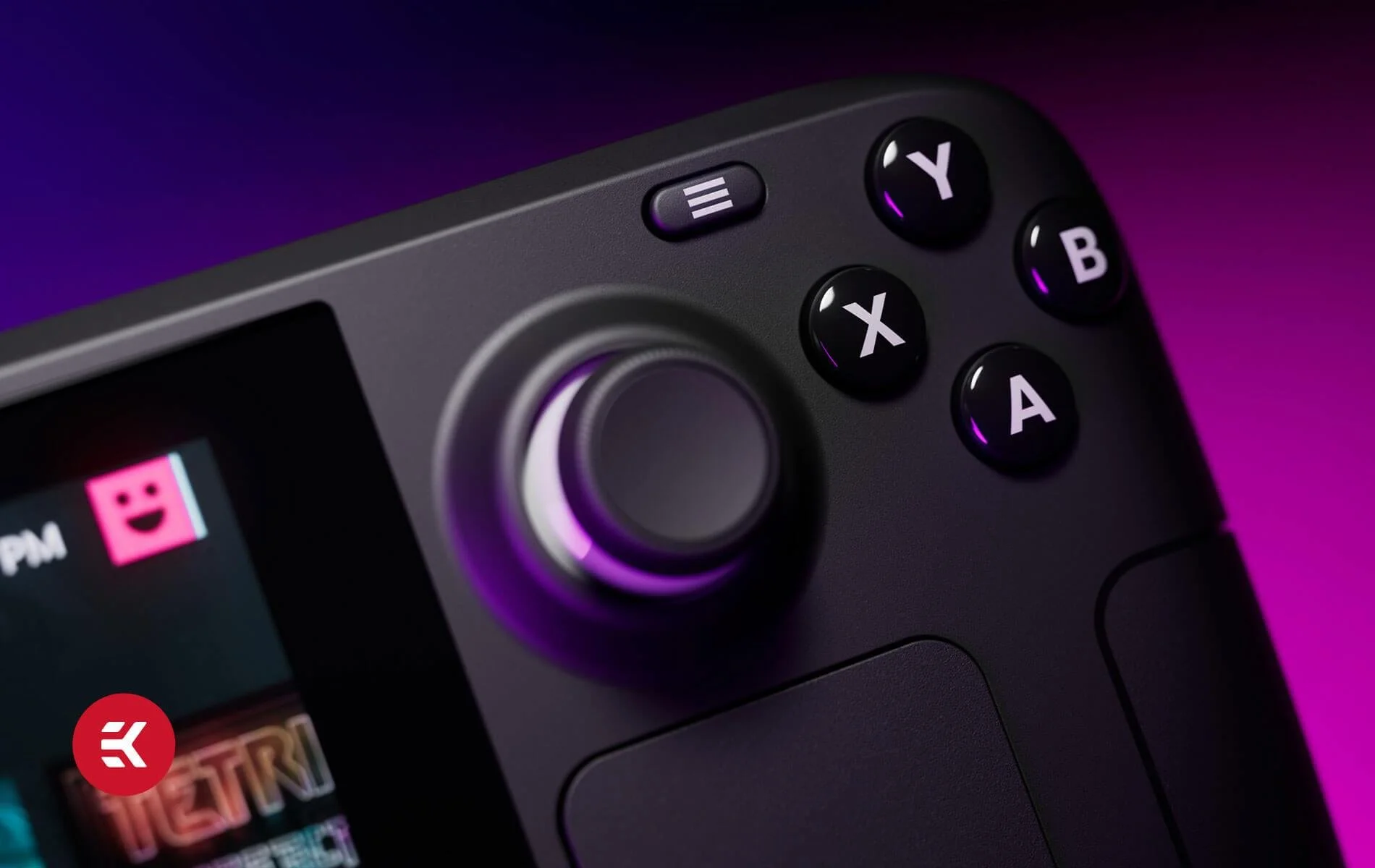 Close-up of a gaming controller with a touch screen on the left, showing colorful icons, and purple lighting reflected on the controller's surface.