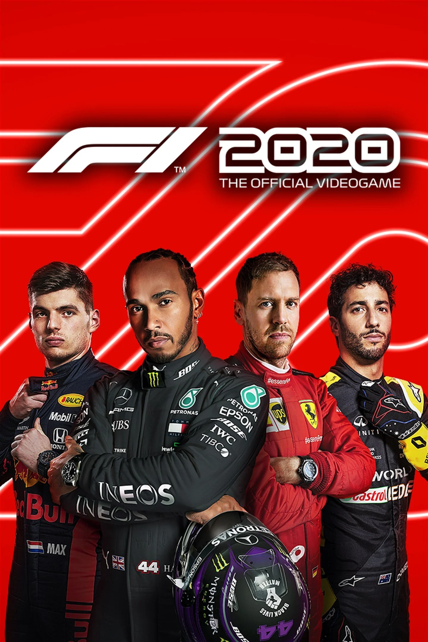 Cover art for the 2020 official Formula 1 videogame featuring four race car drivers in racing suits with a red background and the title 'F1 2020' at the top.