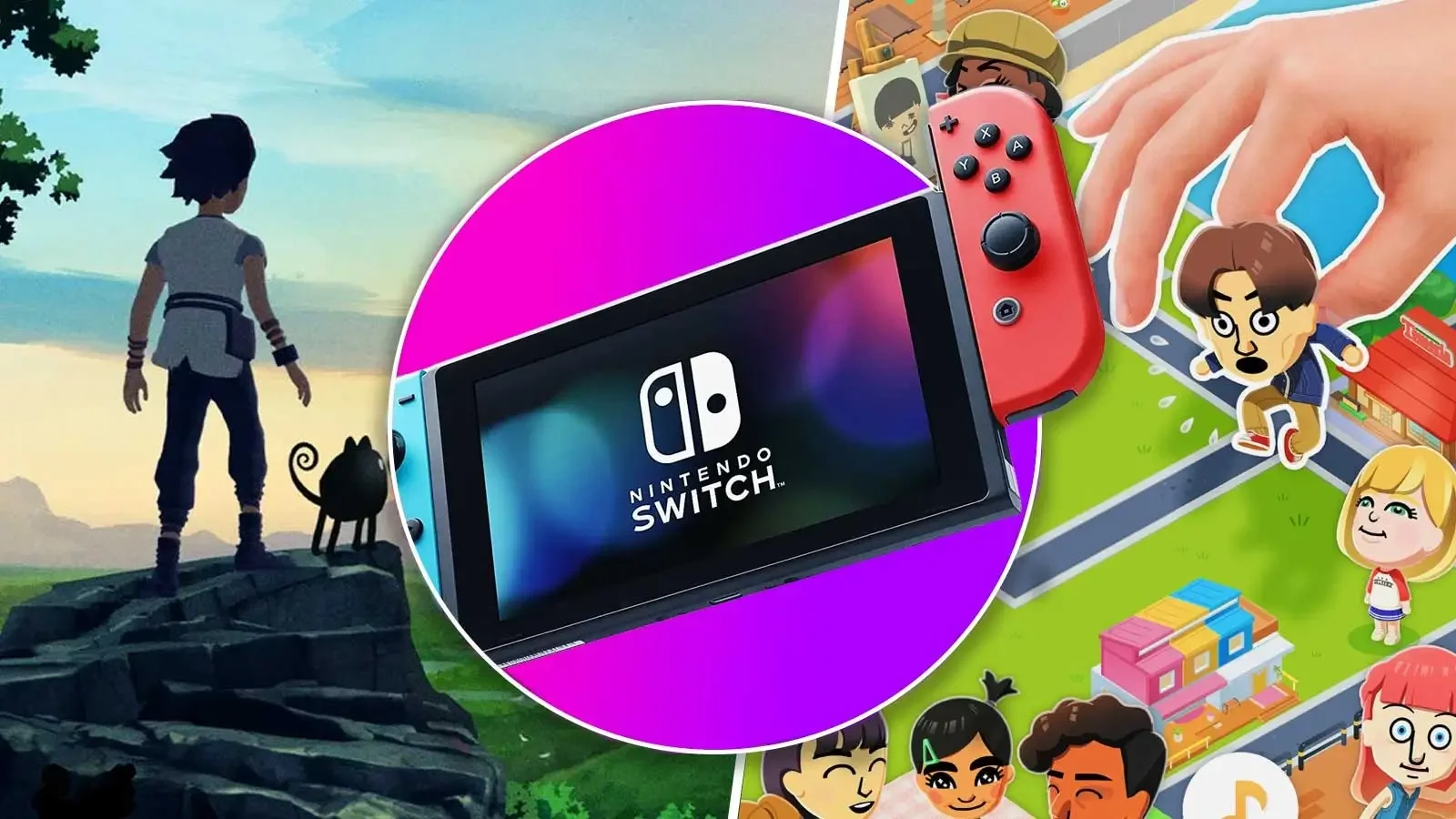 Collage featuring a Nintendo Switch console at the center, a scene from the game 'Stray' with a person and a cat, and a colorful cartoon town with animated characters.