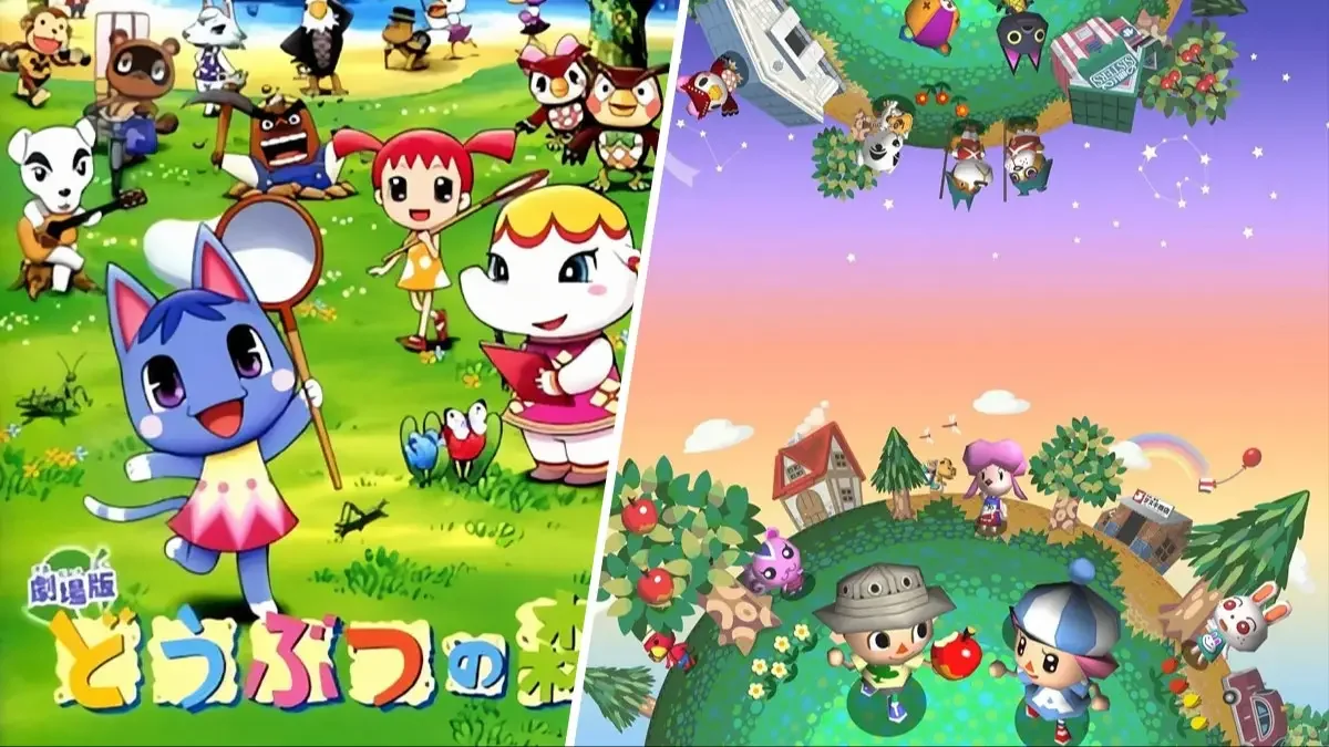 A split-screen image of colorful animated scenes from the game Animal Crossing. The left side shows characters with animal features in a green outdoor setting, while the right side features a similar cartoon world with characters, houses, trees, and a rainbow sky.