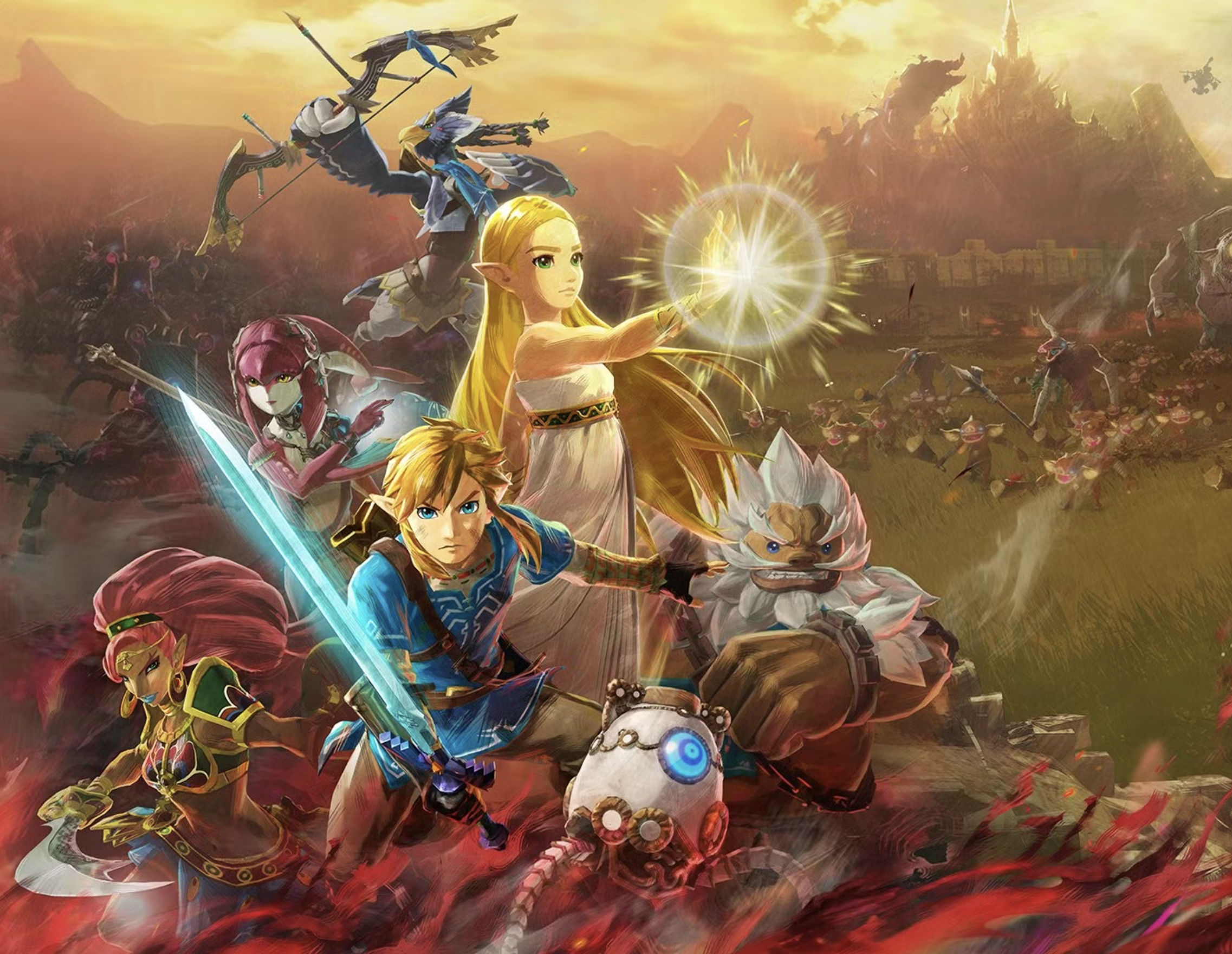 Artwork from The Legend of Zelda: Breath of the Wild featuring Link, Princess Zelda, and various characters battling enemies in a fantasy landscape.