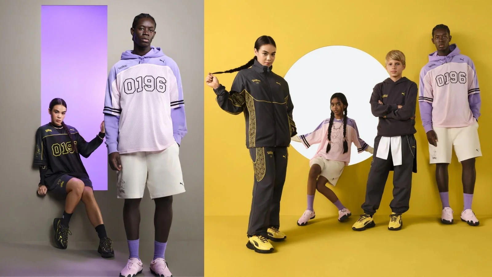 Group of five diverse kids wearing sporty athletic clothing and shoes, posing against backgrounds with bold, colorful designs.