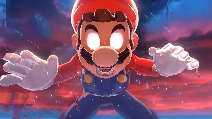 Mario from the Super Mario video game series, wearing his red hat and blue overalls, with a dramatic background and a glowing effect.