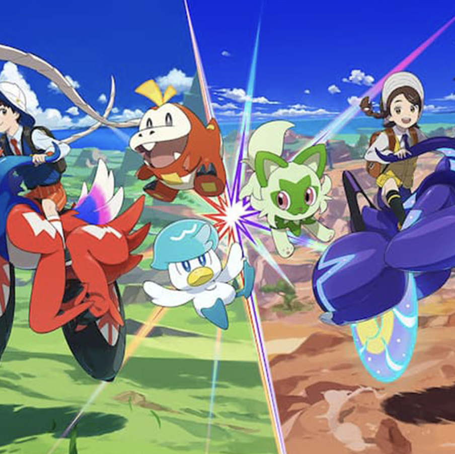 A split-screen illustration of multiple Pokémon characters in a colorful landscape with a blue sky. On the left, a red Chandelure, a blue and white Piplup, a brown Bowser Jr., and a gray-haired character in a white hat are depicted in a battle scene. On the right, a green and white Leafeon, a girl in a brown vest and yellow skirt riding a blue motorcycle, and a purple Pokémon are shown in an action scene.