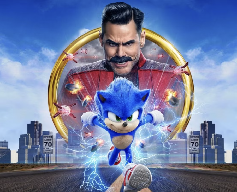 A scene from a movie poster featuring Sonic the Hedgehog running forward with lightning and flames around him, with a large man's face with a mustache and slicked-back hair in the background, set against a cityscape with speed limit signs.