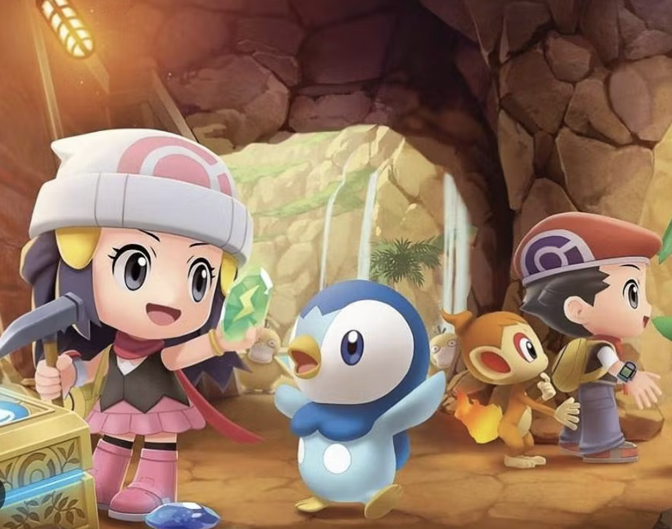 Cartoon characters crossing a forest cave, including a girl with a hammer and a green jewel, a penguin holding a green crystal, a monkey, and a boy with a backpack, all with vibrant colors and animated style.