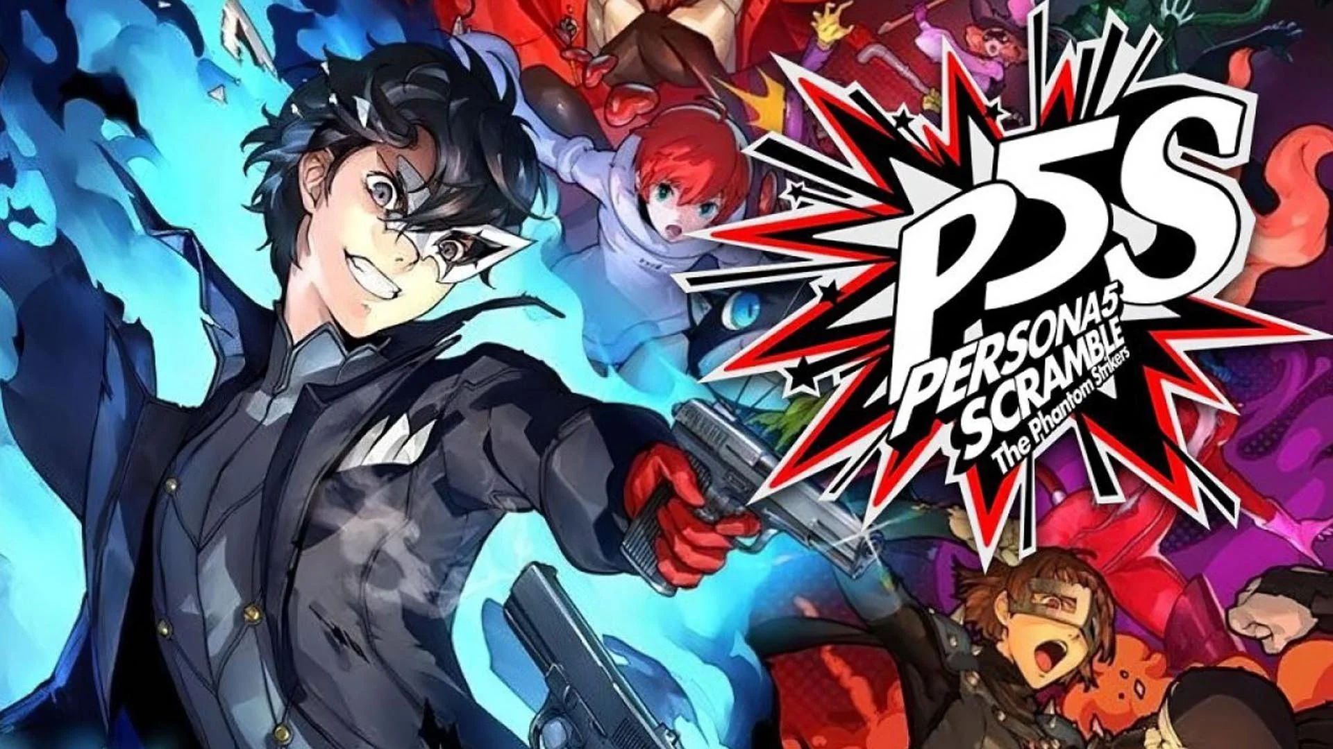 Promotional artwork for Persona 5 Scramble: The Phantom Strikers featuring various characters from the game, with the title logo prominently displayed.