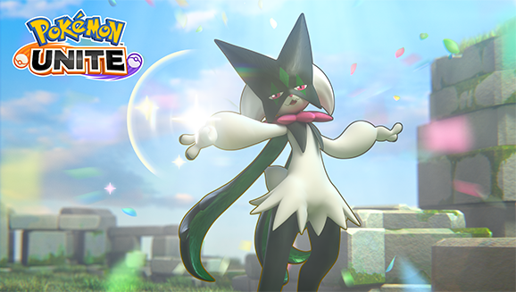 Litten from Pokémon Unite standing confidently with arms outstretched, surrounded by colorful sparkles and confetti, with a blue sky and ruins in the background.