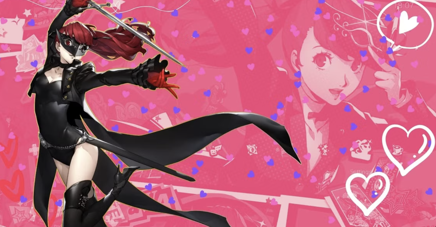 Anime-style character with long red hair, wearing a black and red mask, black outfit, and holding a sword against a pink background with hearts and an overlay of a smiling girl's face.