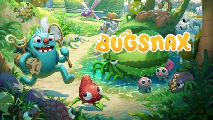 Colorful animated scene from the game "Bugsnax" featuring various bug-like creatures and characters in a lush outdoor setting with greenery, trees, and water.