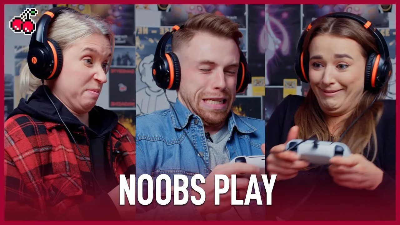 Three people wearing gaming headsets playing video games, with the caption 'Noobs Play' at the bottom.