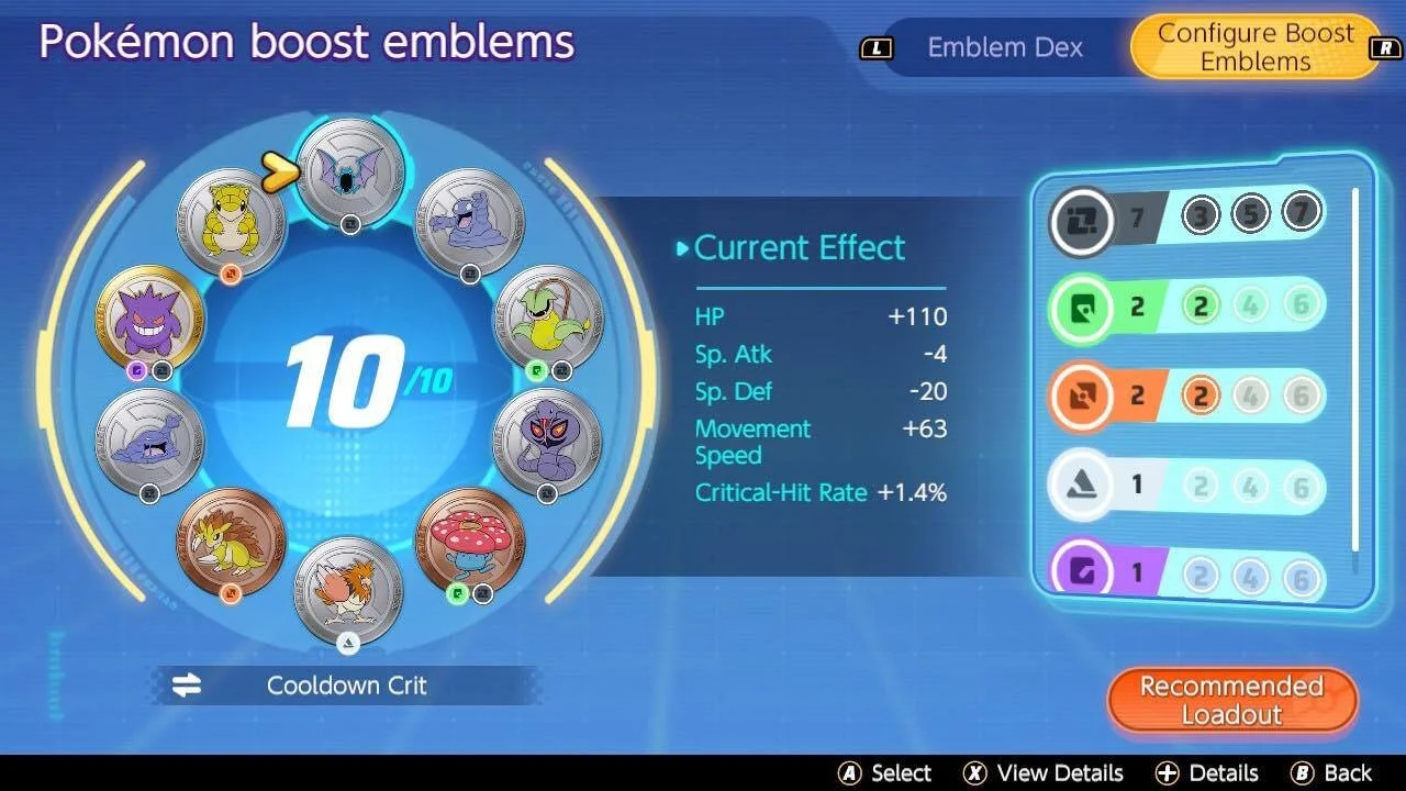 Screenshot of a Pokémon game showing boost emblems and their effects, with current effects, emblem dex, and recommended loadout.