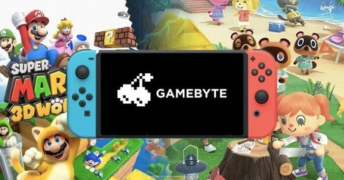 The image shows a Nintendo Switch console with a black screen displaying the GameByte logo. The background features characters from the game 'Super Mario 3D World' and other Animal Crossing characters, with a colorful, playful scene.
