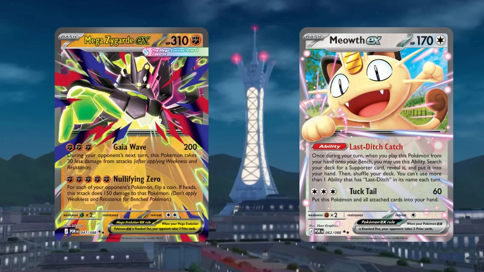 Pokemon cards for Mega Zygarde EX and Meowth EX displayed against a cityscape background with a tower in the distance.
