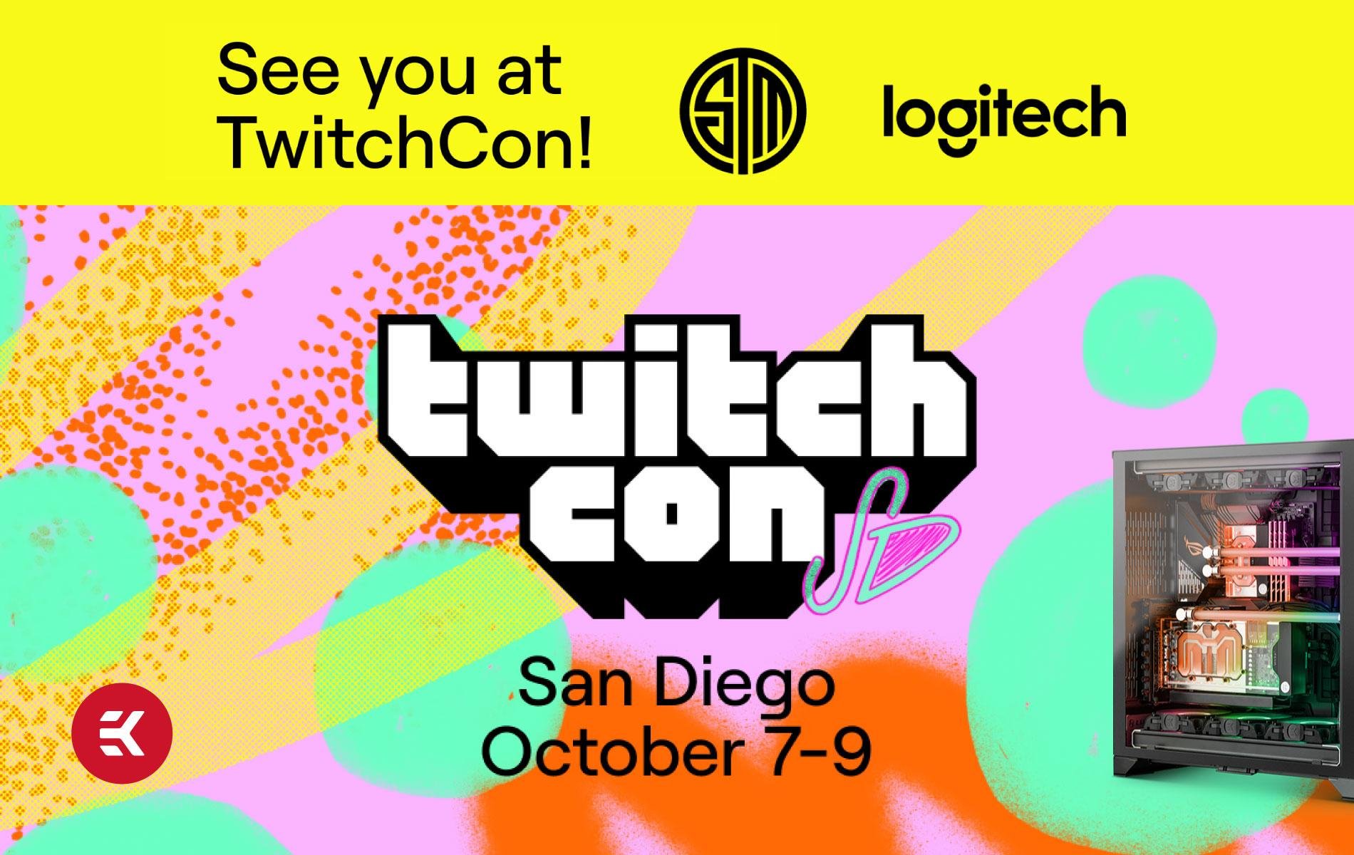Promotional graphic for TwitchCon in San Diego from October 7 to 9, featuring colorful abstract background, the TwitchCon logo, a computer gaming rig, and logos for Twitch and Logitech.