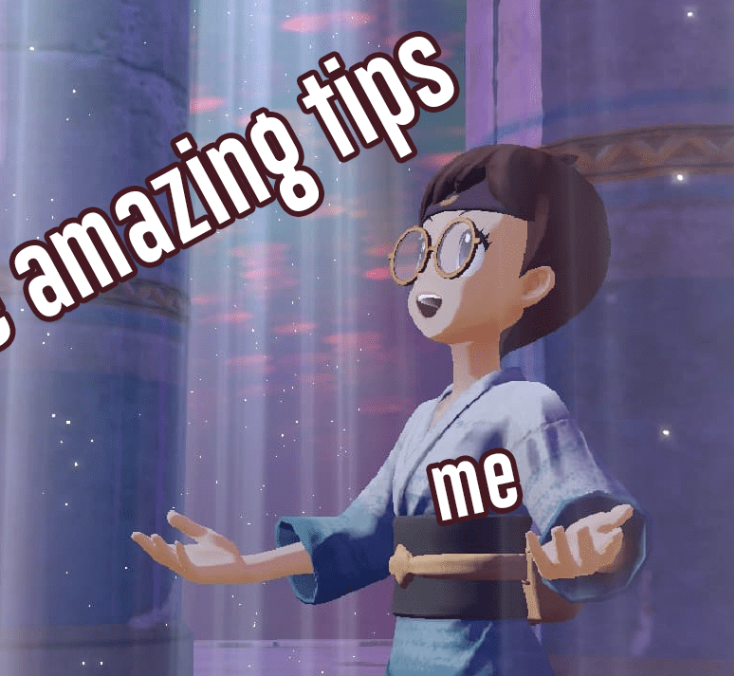 Animated character with glasses and a traditional outfit smiling with open arms in front of glowing columns and sparkles, with text overlay saying '5 amazing tips' and 'me'.
