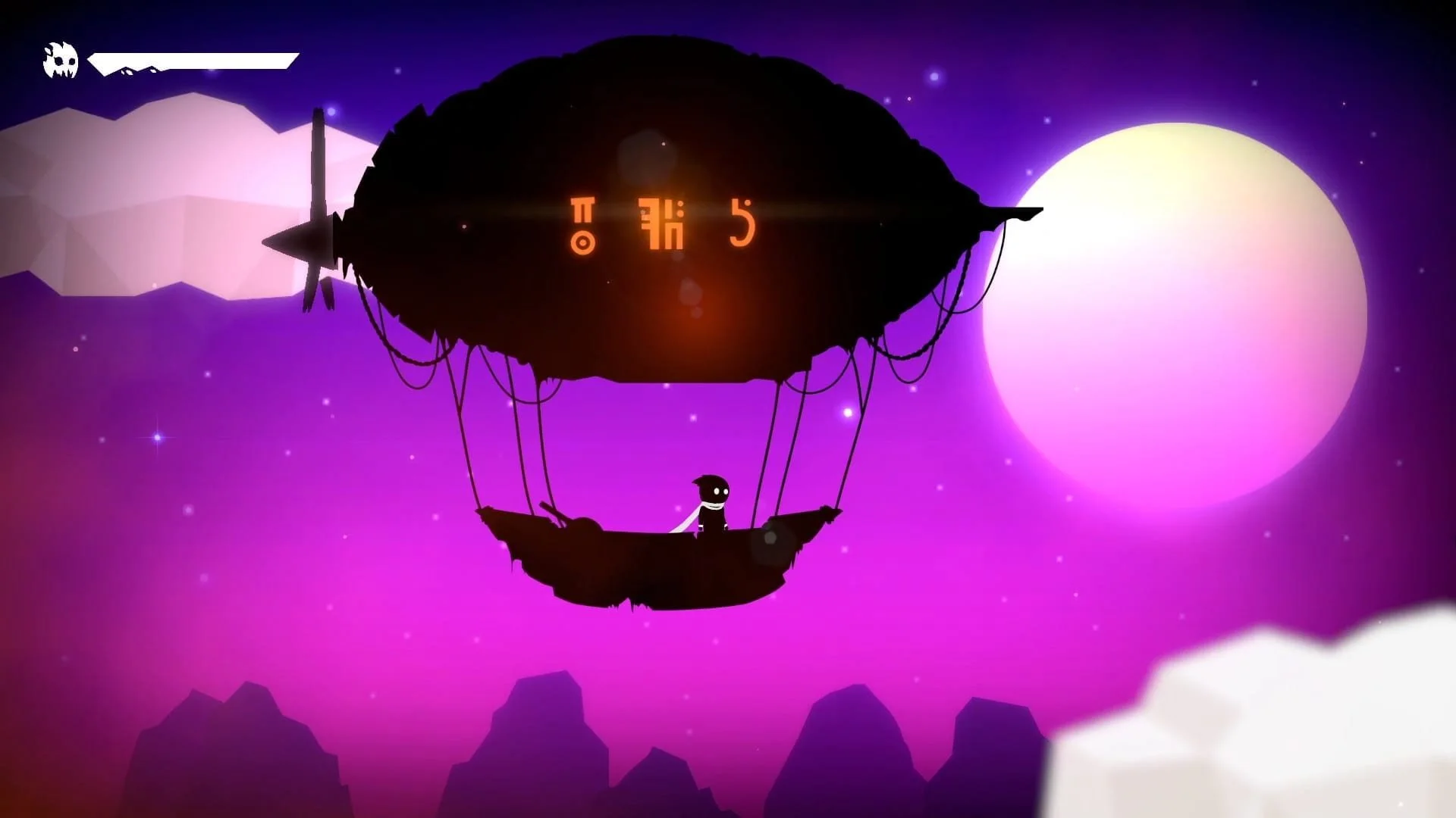 Silhouette of a small character in a white scarf standing in a hot air balloon against a purple sky with stars and a large yellow moon.