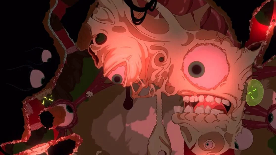 A dark illustration of grotesque creatures with multiple eyes, some with glowing green or yellow, attacking a larger, disturbing creature with a skull-like face, large eye sockets, and an open mouth showing sharp teeth and a long tongue.