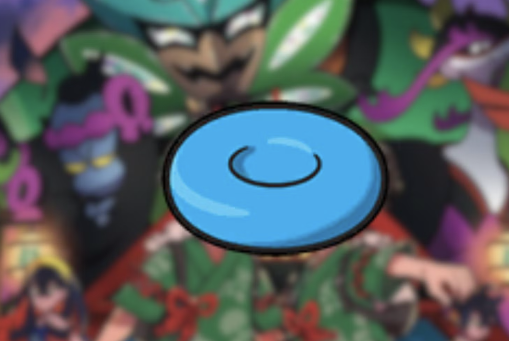 A colorful collection of cartoon characters with a prominent blue button in the foreground.