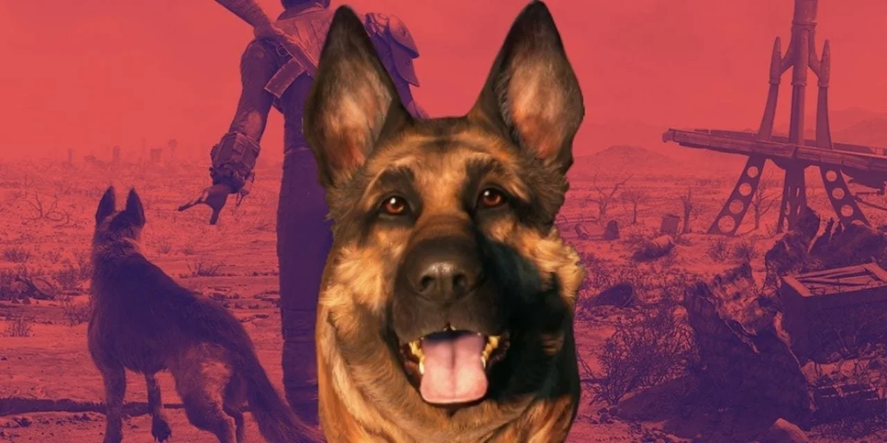 Close-up of a happy German Shepherd dog in front of a post-apocalyptic background with ruins and a robot.