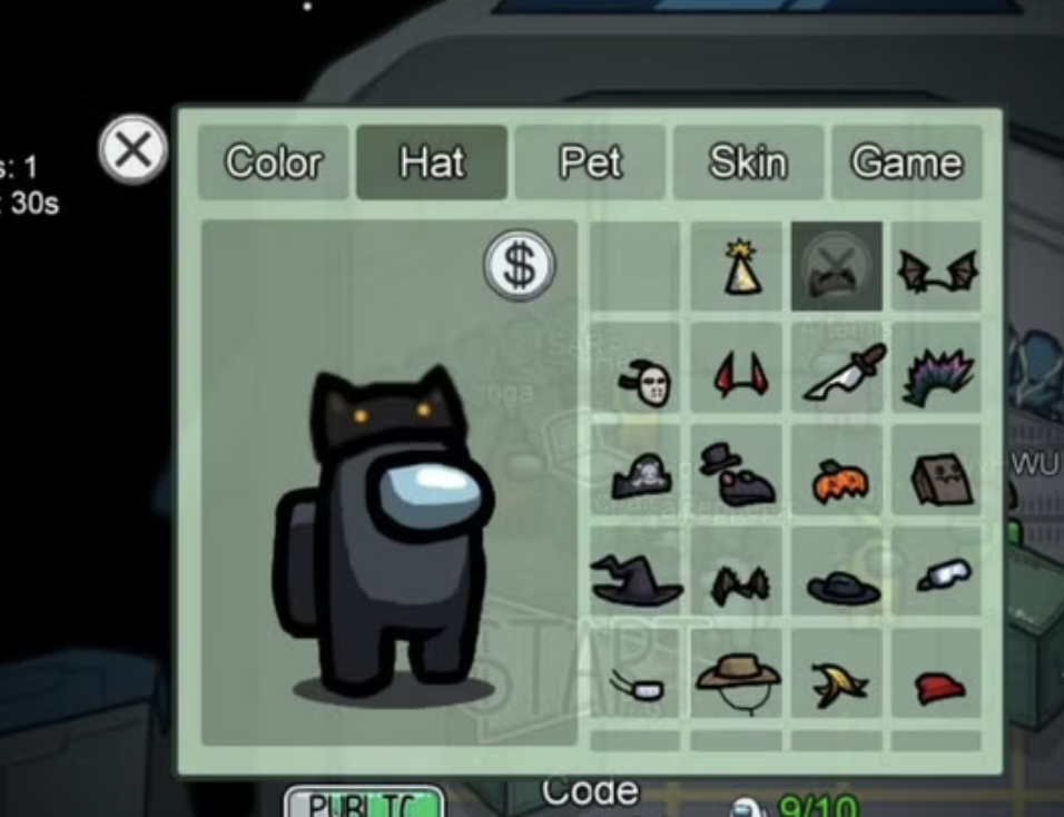 Screenshot from the game 'Among Us' showing the outfit selection menu with a black hat, a dollar sign pet, and a face mask skin.