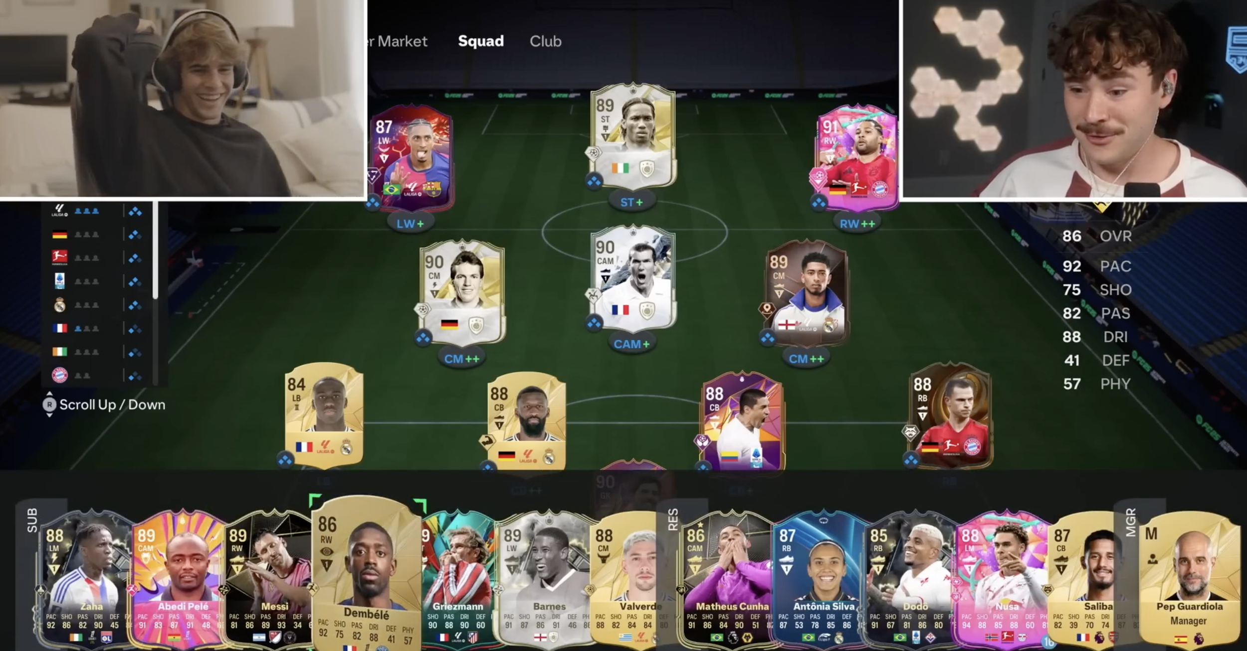 A screenshot of a FIFA video game team lineup with player cards on the field, and two people: a boy with headphones smiling in a bedroom, and a man with a mustache on a video call.