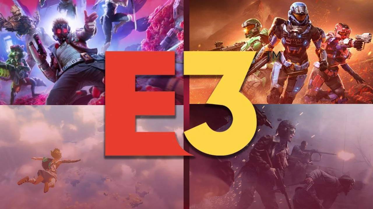 Cover image for E3 gaming conference featuring four quadrants of video game scenes: top-left with a colorful sci-fi character in a vibrant setting, top-right with soldiers in futuristic armor in a fiery landscape, bottom-left with a character skydiving through clouds, and bottom-right with soldiers in combat with explosions. The large red and yellow text 'E3' is centered over the scenes.