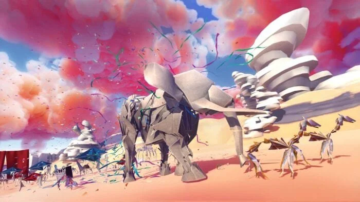 Digital artwork of a giant elephant sculpture with colorful clouds in the sky, surrounded by stylized animals and abstract shapes.
