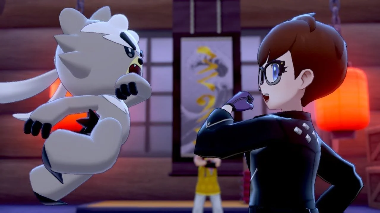 Cartoon characters from Pokémon and Splatoon facing each other inside a wooden room with Japanese decorations.